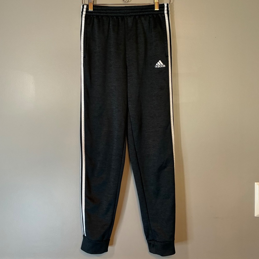 Adidas Boys XL 18/20 Track Pants Heather Black White Stripe Joggers Sportswear